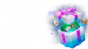 Изображение светящейся подарочной коробки, из которой вылетают деньги и монеты, рекламирующее бонус на день рождения от БитСтарз в ярких цветах и праздничной атмосфере.